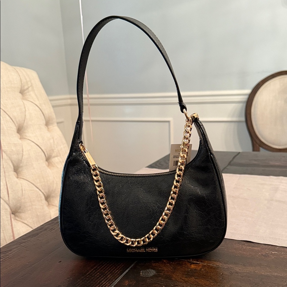 Michael Kors Black Lucinda Shoulder Bag with Gold Chain